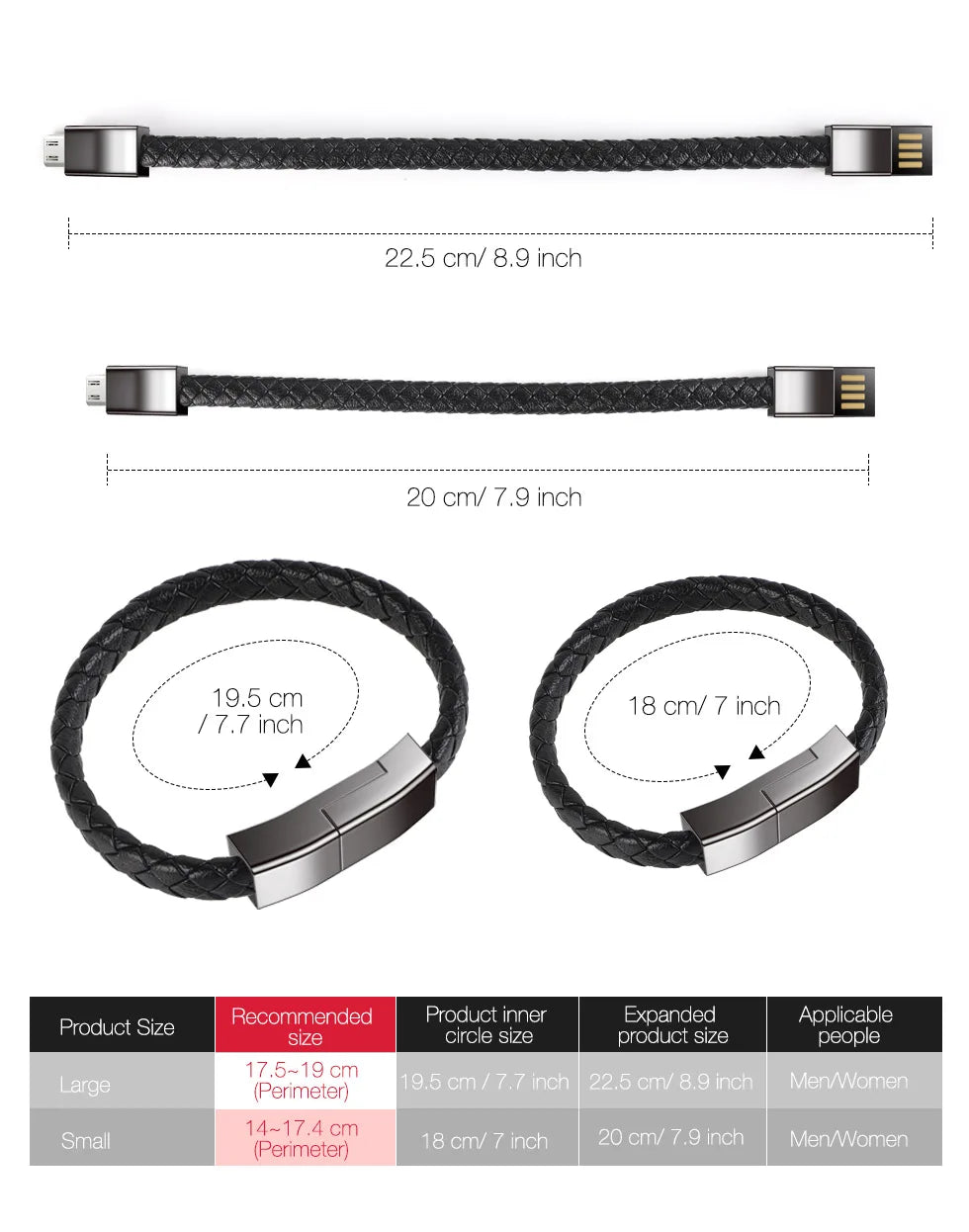 Colors Leather USB charging Bracelet cable (Iphone Lighting and USB-C)